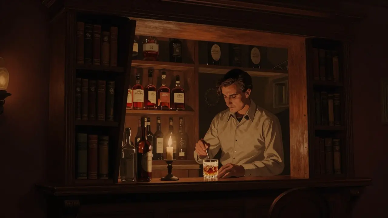 Hidden speakeasy interior with wooden bookshelf door, warm candlelight, and bartender crafting drinks in silence.