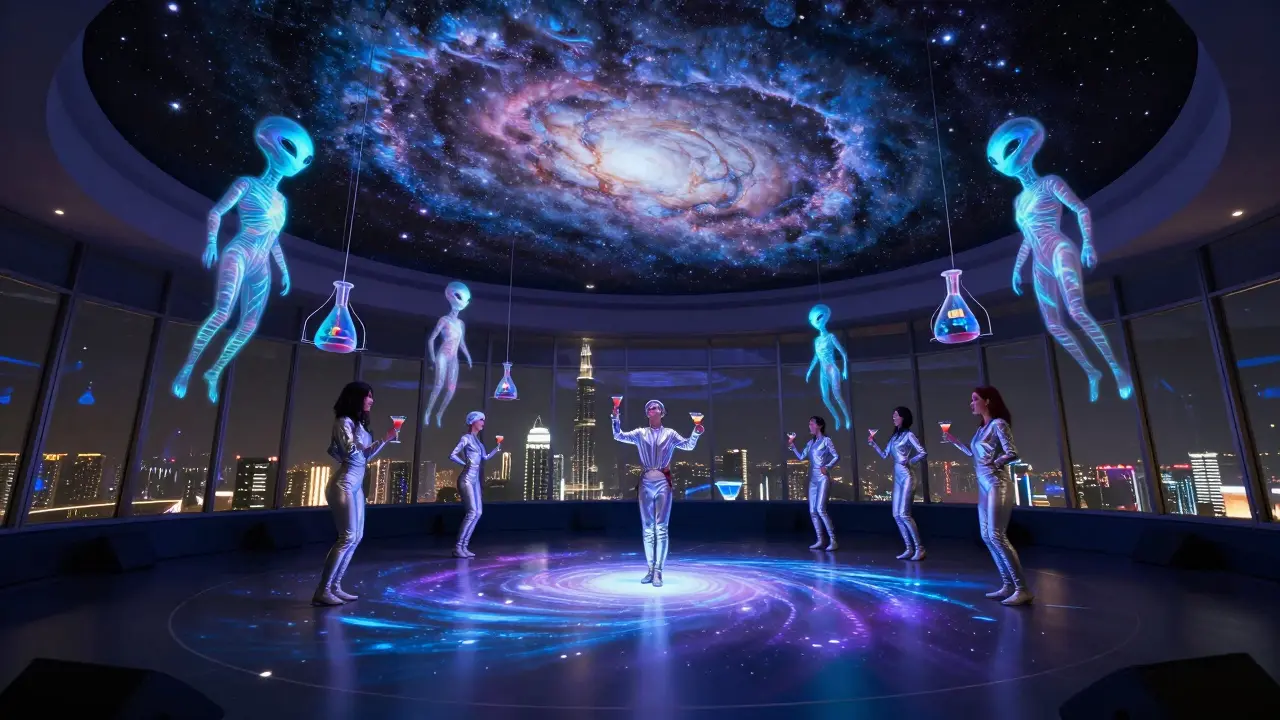 Holographic aliens and a star-filled ceiling illuminate guests in silver bodysuits at The Observatory's sci-fi nightclub.