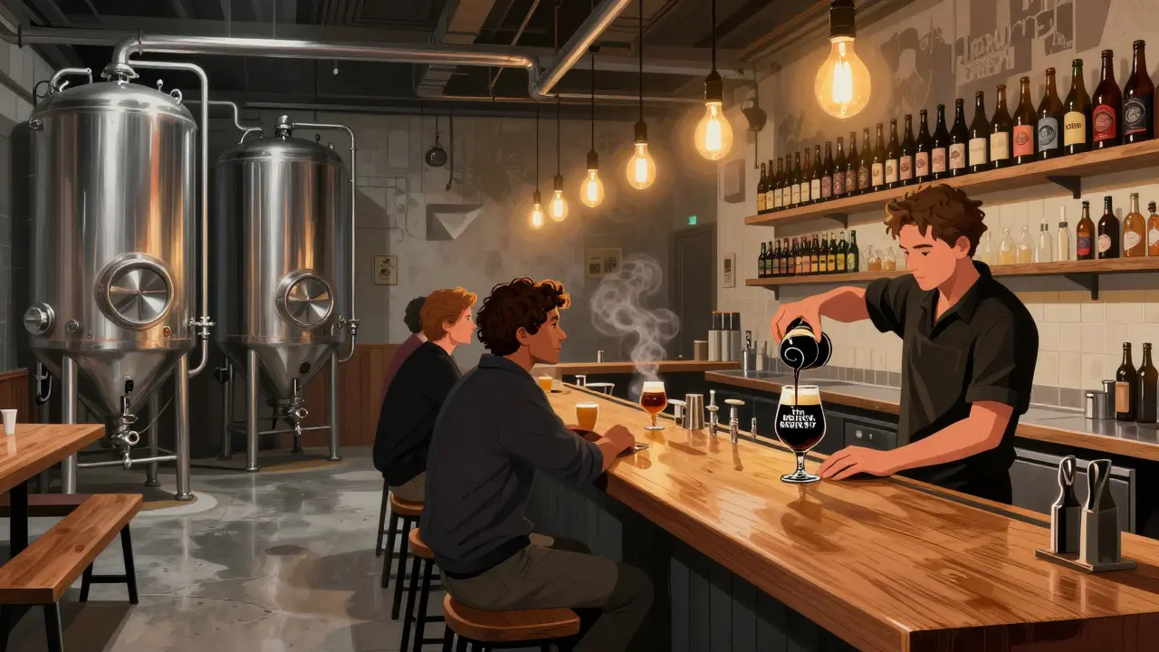 Industrial brewery taproom pouring a dark imperial stout under soft Edison bulbs.