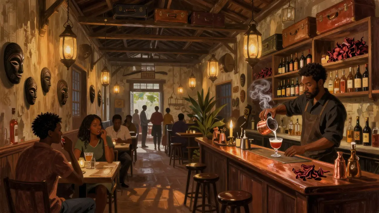 Interior of Le Comptoir Général with lanterns, vintage suitcases, and cocktails.