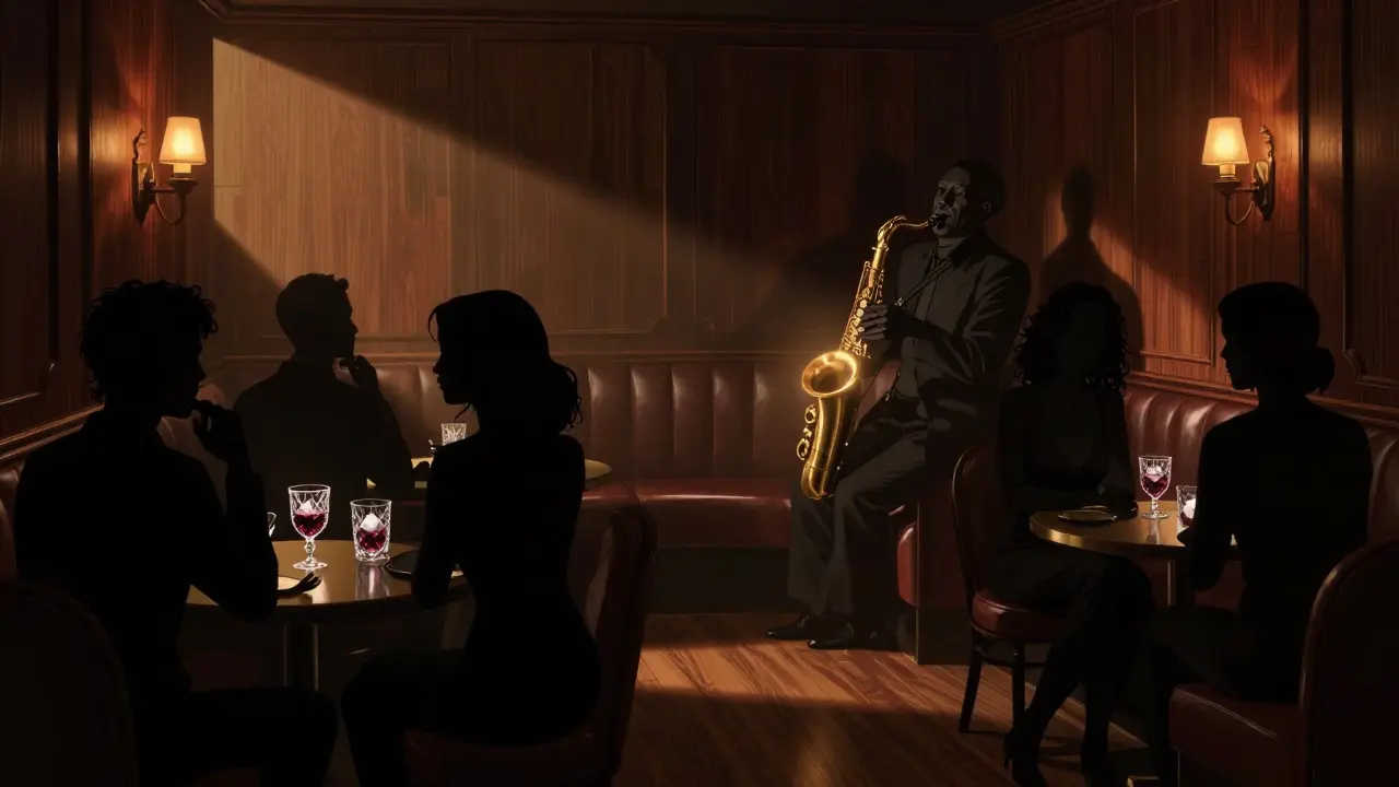 Intimate jazz lounge with dark wood interiors and a saxophonist playing under soft amber lighting.