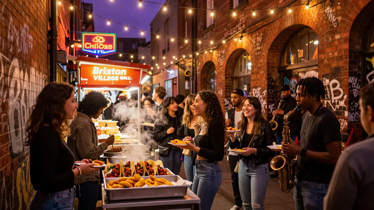Late-night food stalls in a vibrant alley filled with people eating and laughing under string lights.