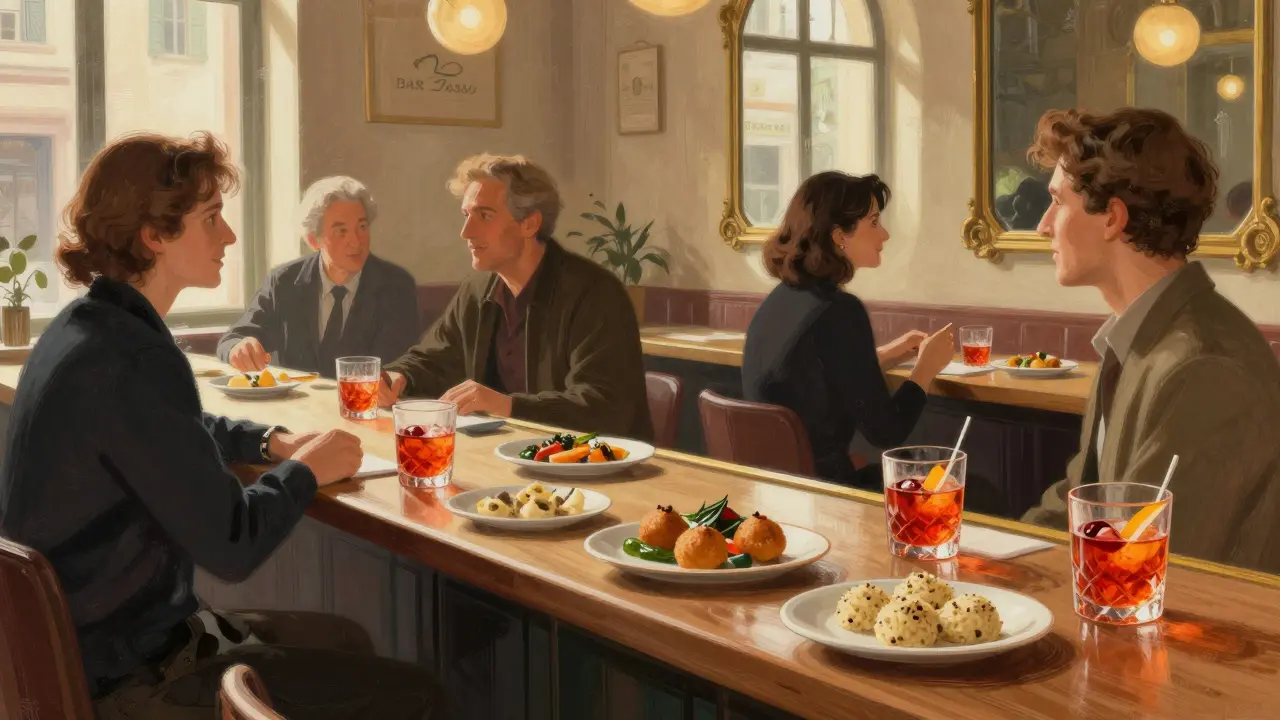 Locals enjoying an authentic aperitivo with food and Negroni Sbagliato at a classic Milanese bar.