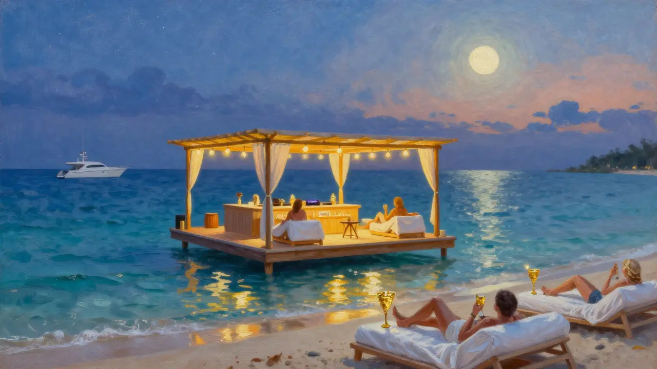 Luxurious beach club at night with floating DJ, guests on daybeds under string lights by the sea.