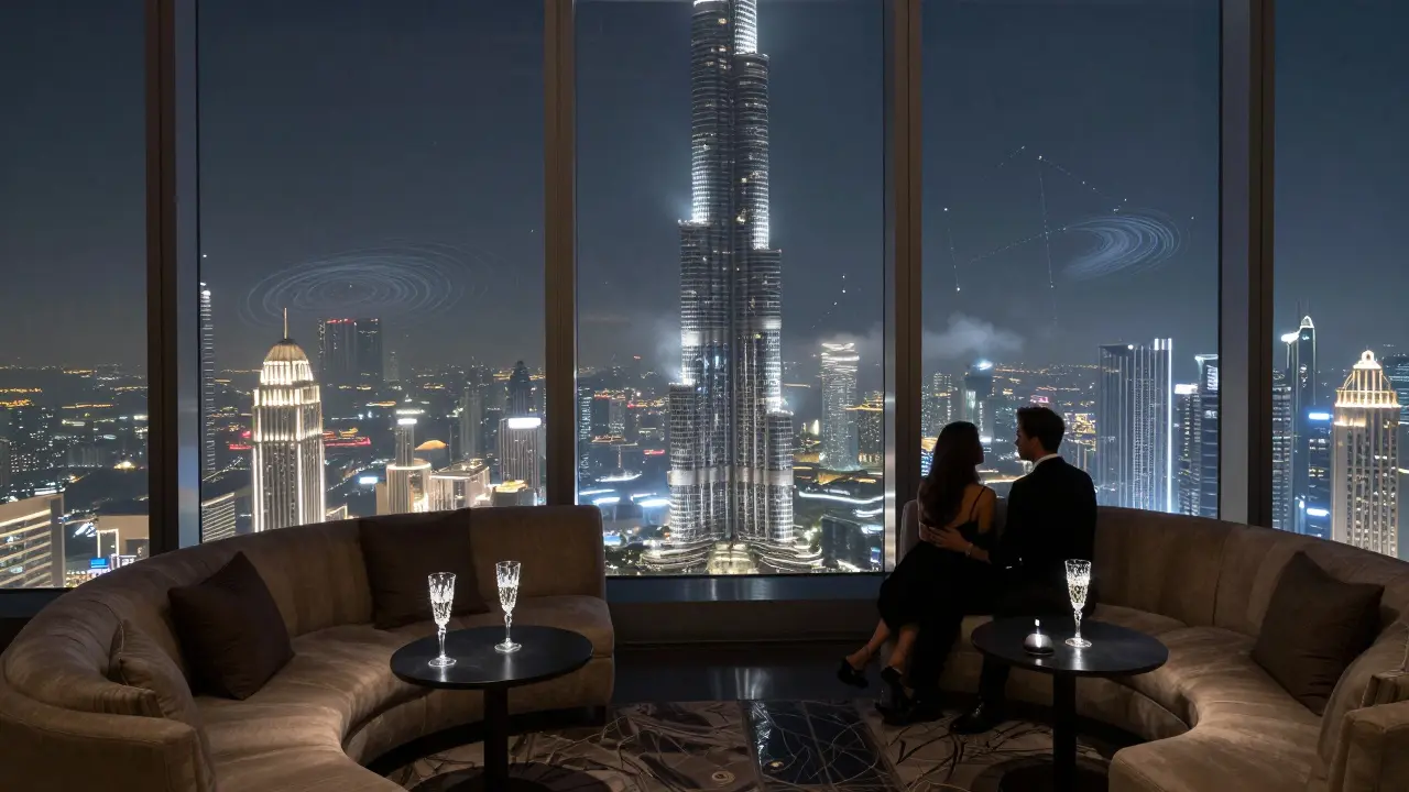 Luxury sky lounge atop Burj Khalifa with couple overlooking Dubai's glittering skyline at midnight.