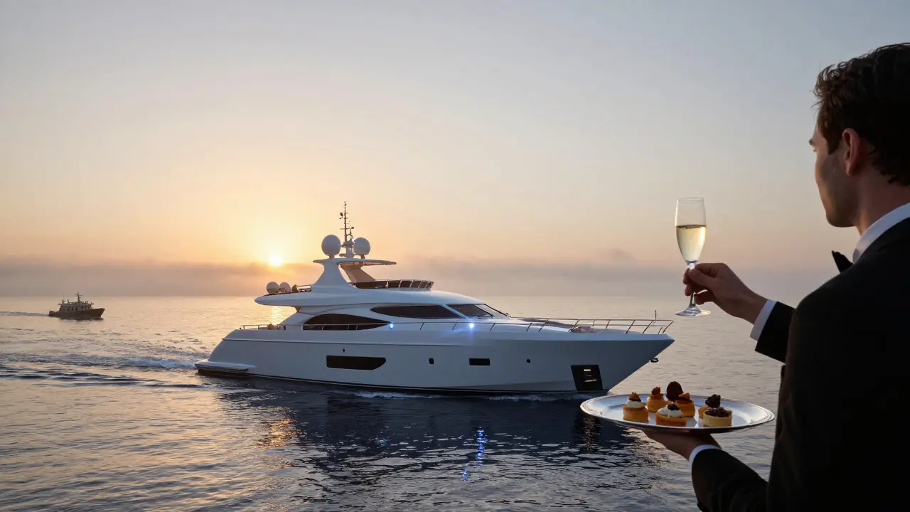 Luxury superyacht at dawn with a guest in black tie raising a champagne glass as the sun rises.