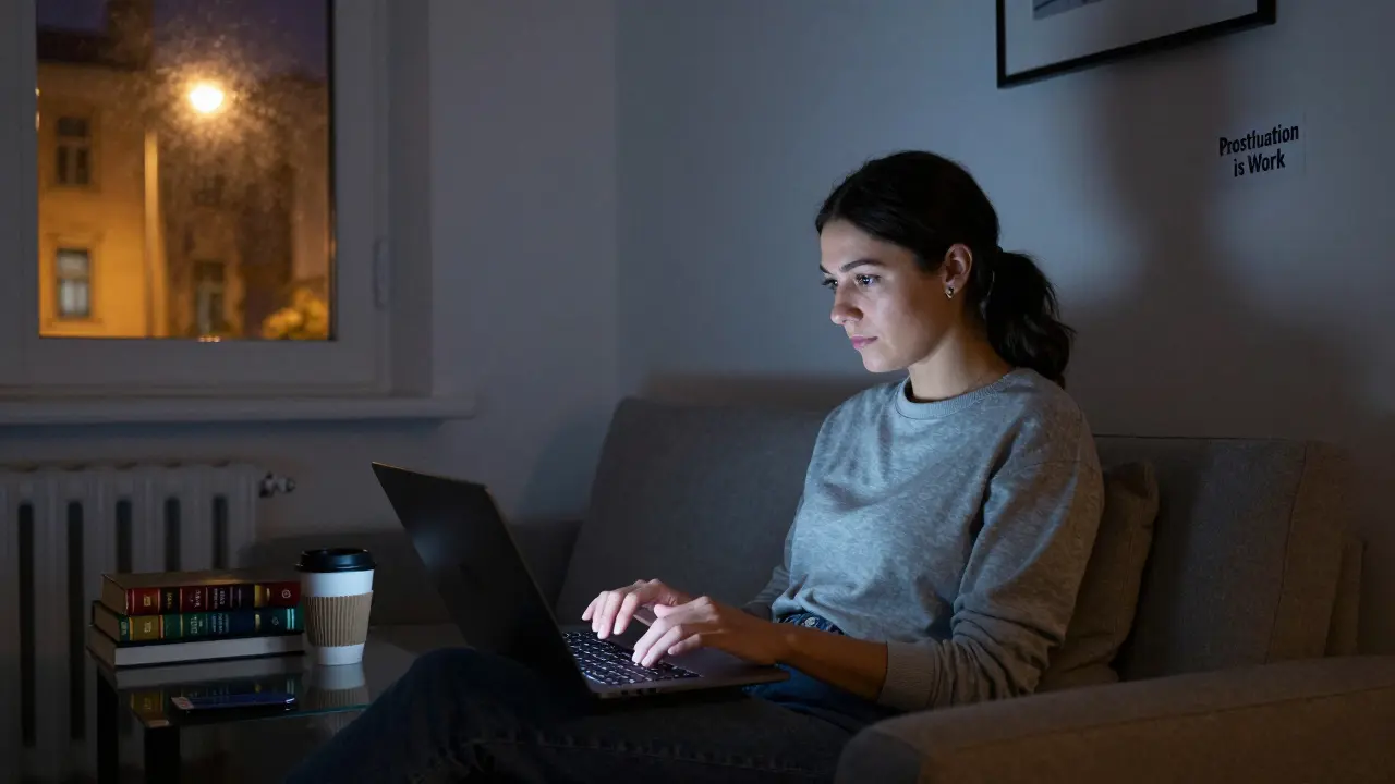 Modern Berlin woman working independently on a laptop at night, coffee cup and law books beside her.