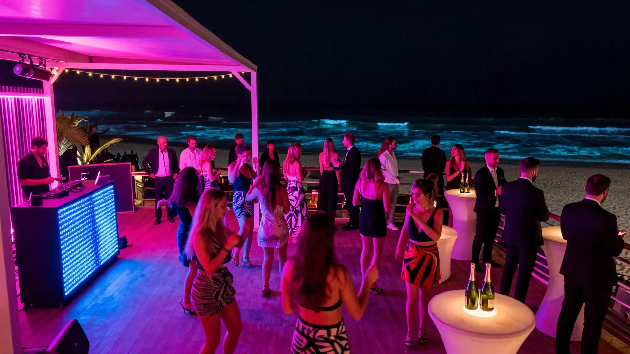 Neon-lit beach club with dancers under string lights, champagne bottles, and the Mediterranean Sea in the background.