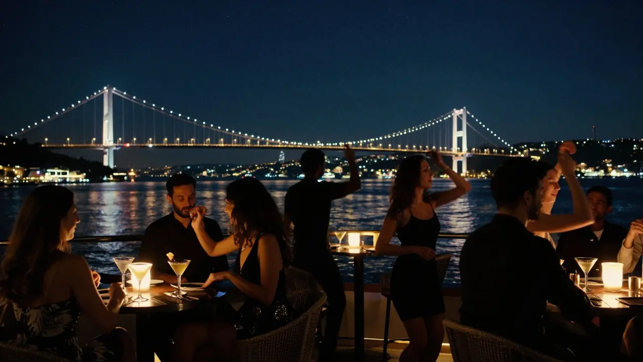 People dancing on Reina's rooftop terrace overlooking the illuminated Bosphorus Bridge at night.