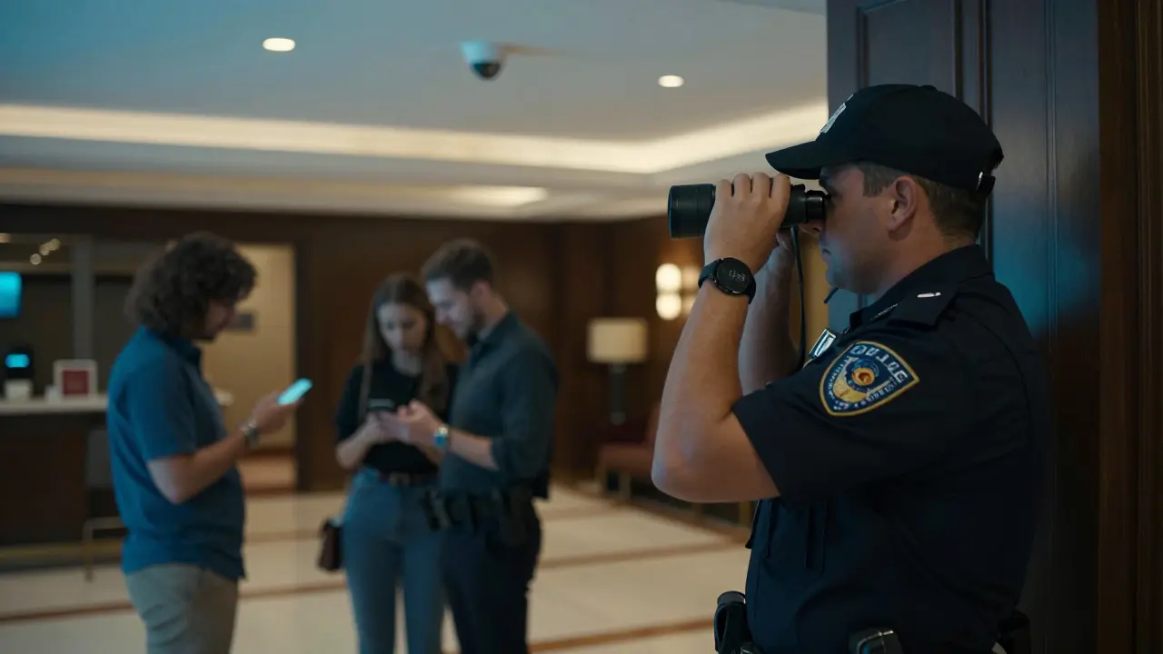 Police officer monitoring hotel lobby with binoculars, tourists using phones in background under surveillance cameras.