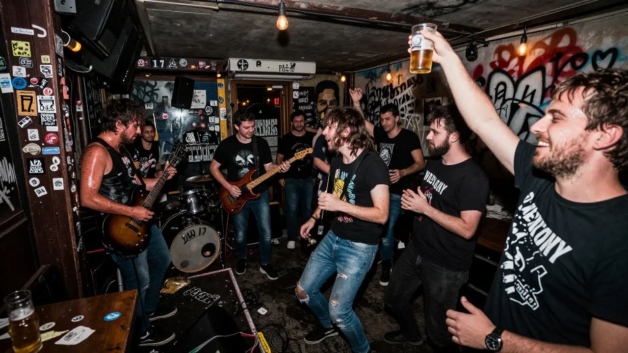 Punk bar interior with live band and energetic crowd, walls covered in stickers, dim lighting and raw atmosphere.