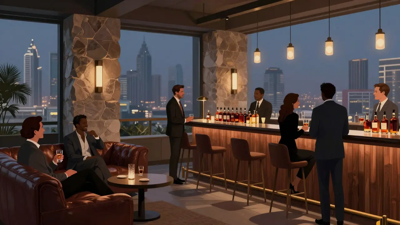 Quiet group enjoying whiskey at The Roof lounge with DIFC skyline view.