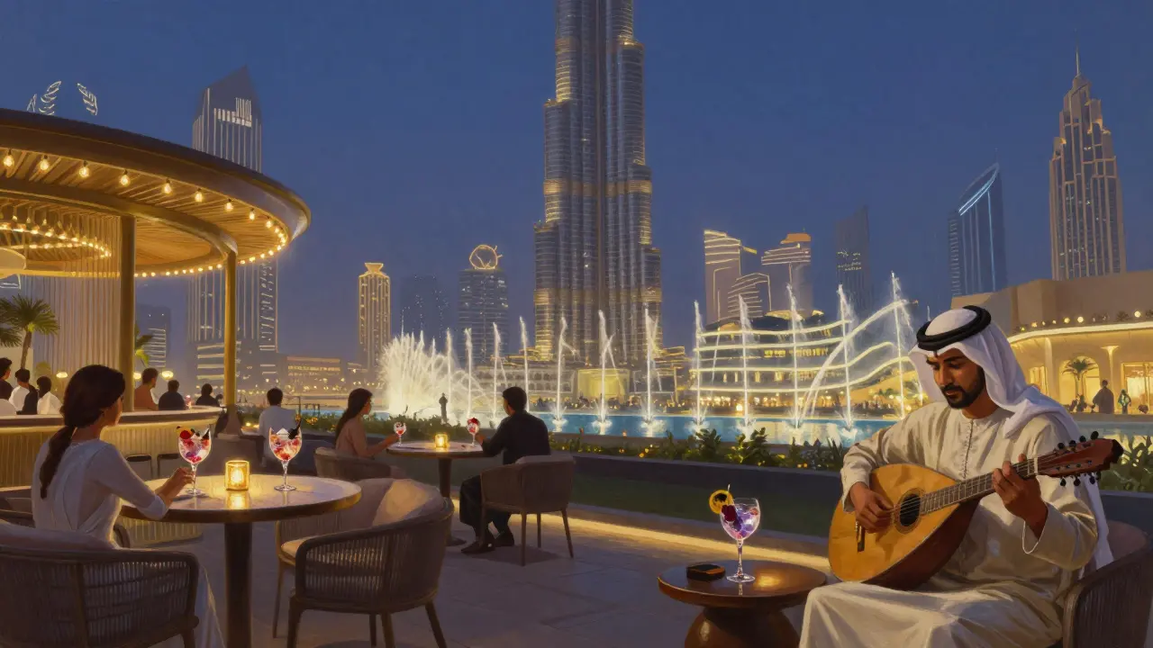 Rooftop bar Al Fardan with Burj Khalifa fountain show, oud musician playing, and guests under string lights.