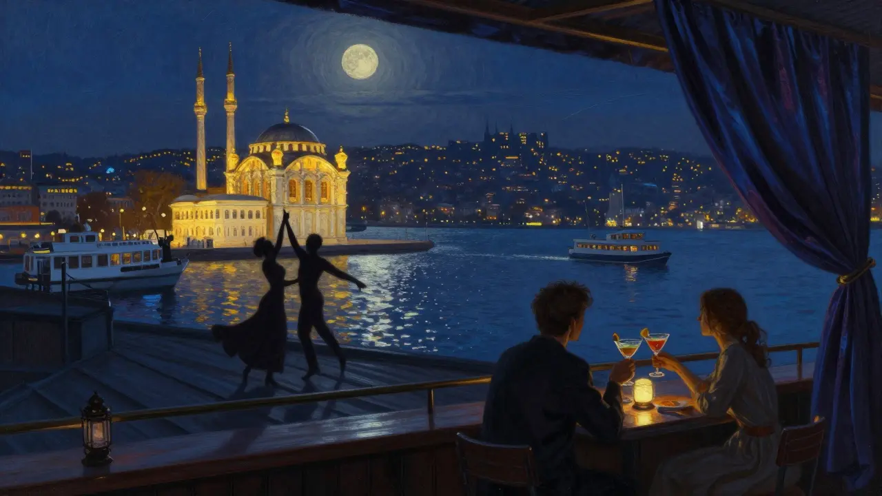 Rooftop bar on the Bosphorus with dancers silhouetted against a glittering city skyline at midnight.
