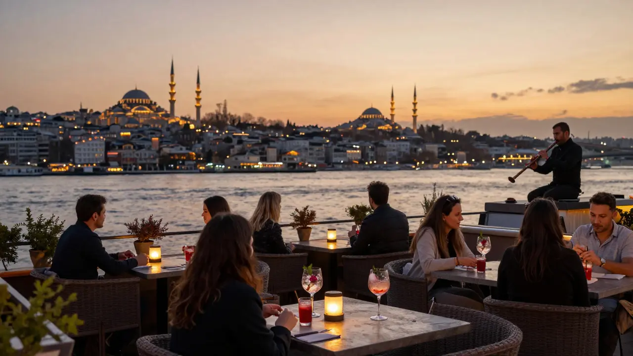 Rooftop guests sipping cocktails at dusk with illuminated mosques and the Bosphorus in the background.