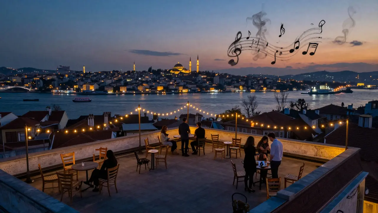 Rooftop terrace in Cihangir with people silhouetted against the Golden Horn skyline, fairy lights and relaxed evening atmosphere.