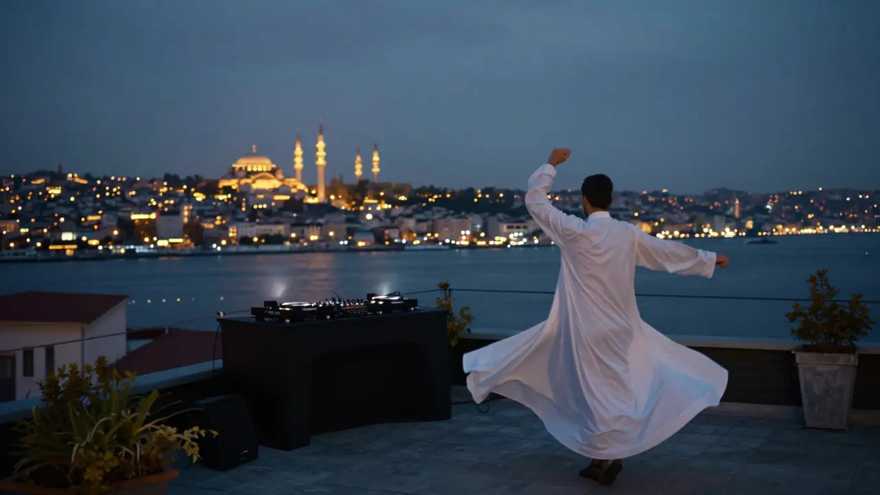 Rooftop view of Istanbul at dawn with minarets, a dervish, and a DJ blending tradition and modern beats.