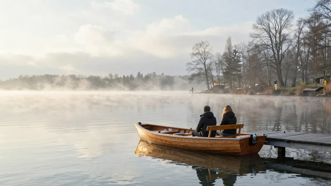 Rowboat drifting silently on Wannsee Lake at sunrise, two people sitting close with coffee mugs.