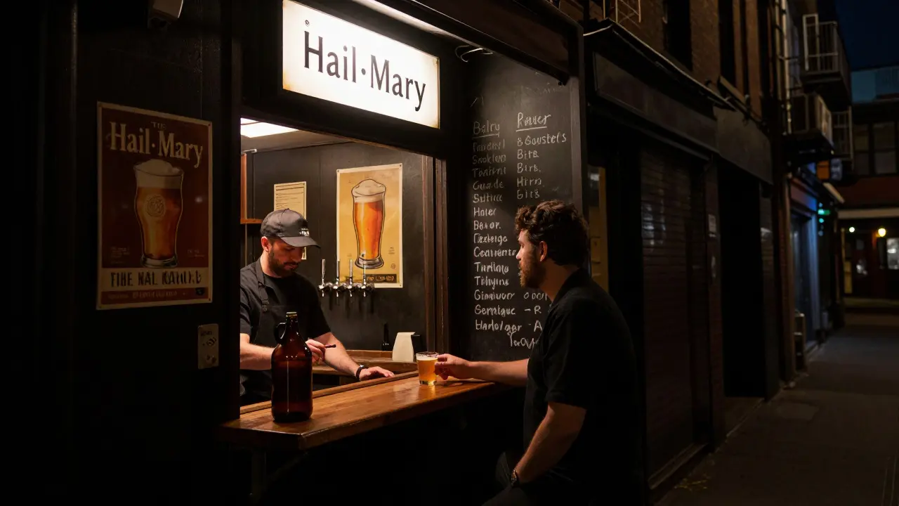Secretive small bar with handwritten beer lists and a rare barrel-aged beer being served.