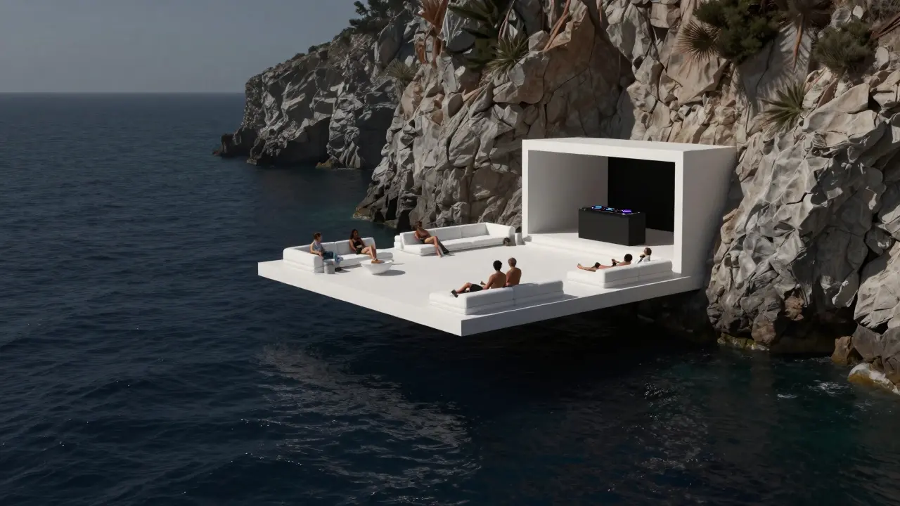 Serene cliffside club above the Mediterranean with white loungers and yacht lights reflecting on water.