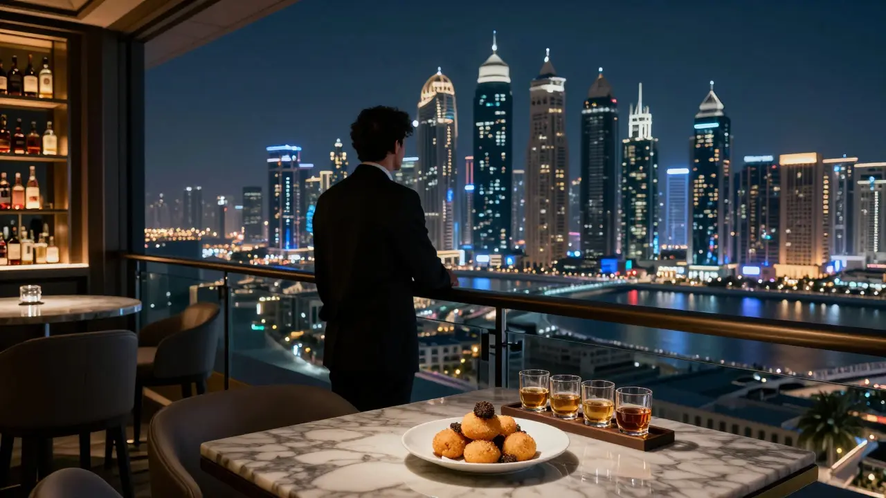 Solo figure overlooking Abu Dhabi's glittering skyline from a high rooftop bar, whiskey and small plates on table.