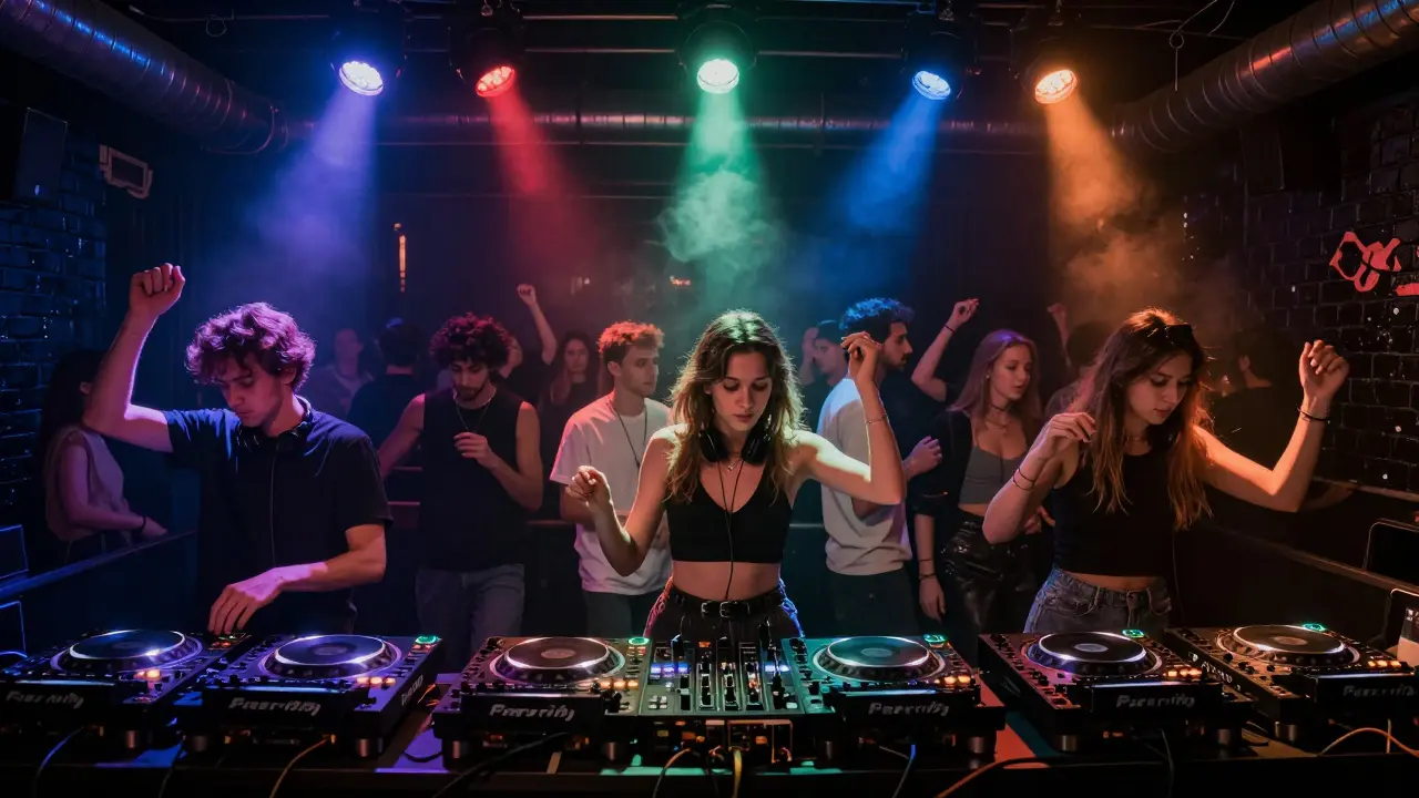 Three dance floors in Fabric nightclub, diverse crowds lost in music, low lighting and brick walls, no phones visible.