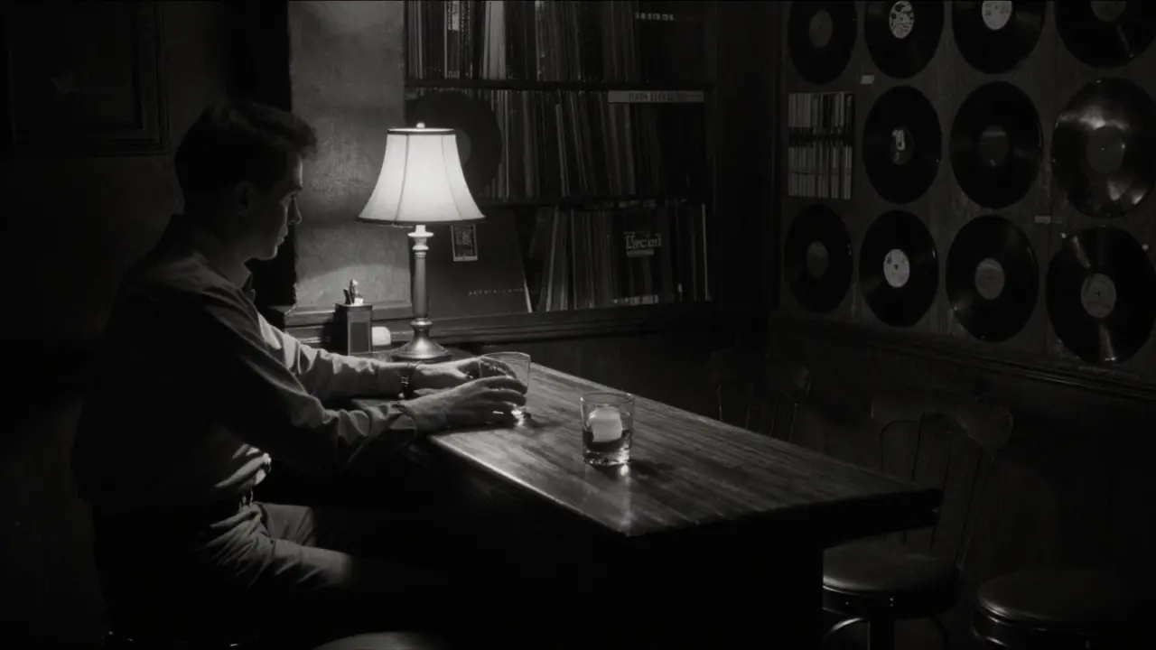 Tiny intimate bar with a bartender serving rum under a single lamp.