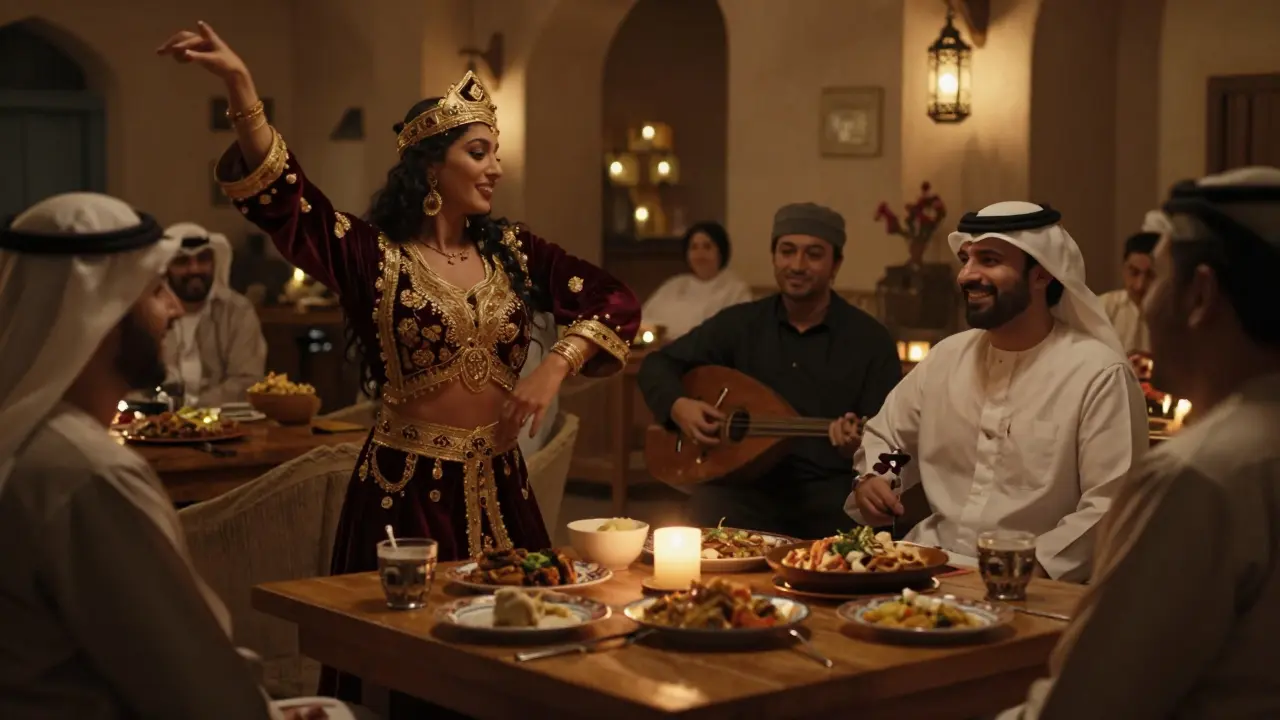 Traditional Arabic night with belly dancer, oud musician, and guests dining under lantern light.