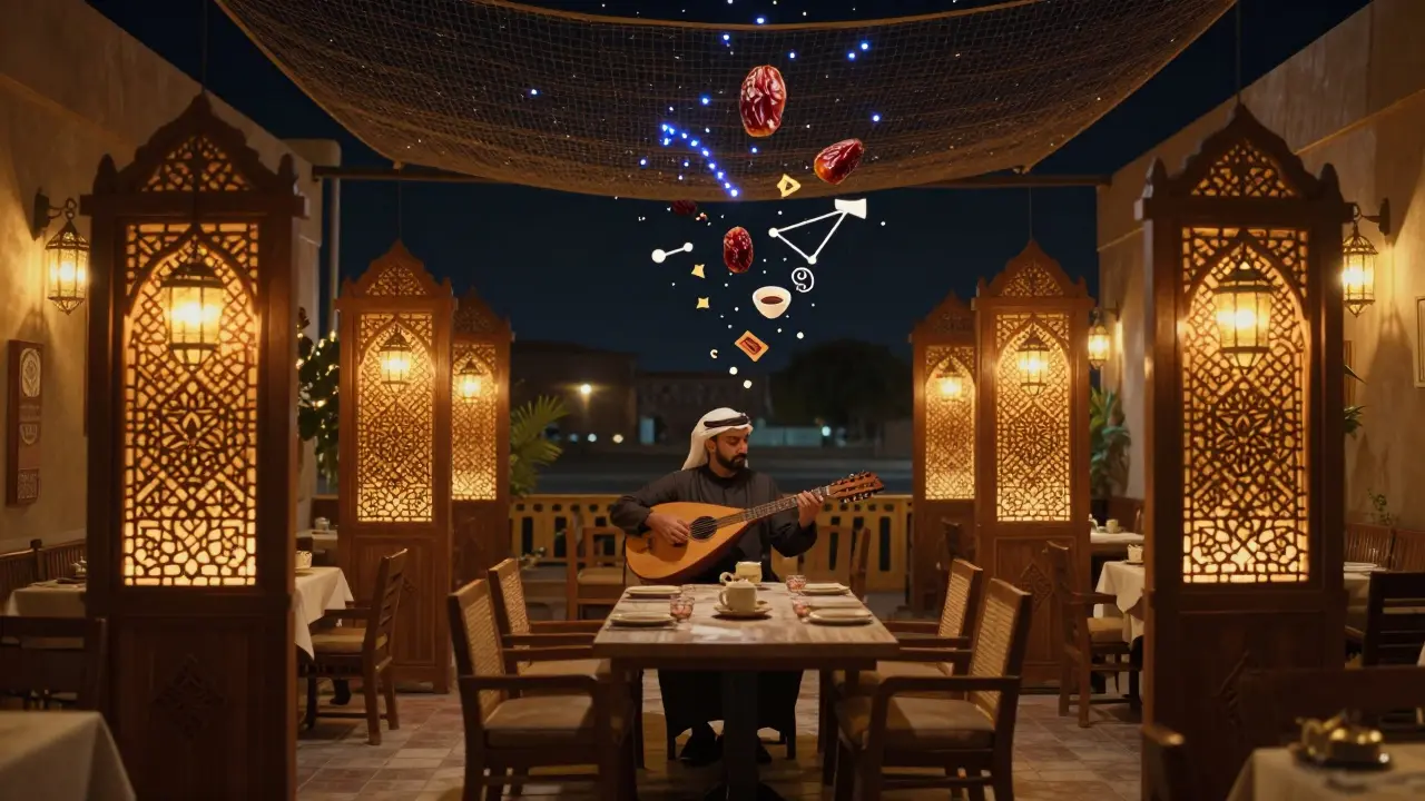 Traditional Emirati restaurant with lanterns, oud music, and cultural food symbols glowing softly.