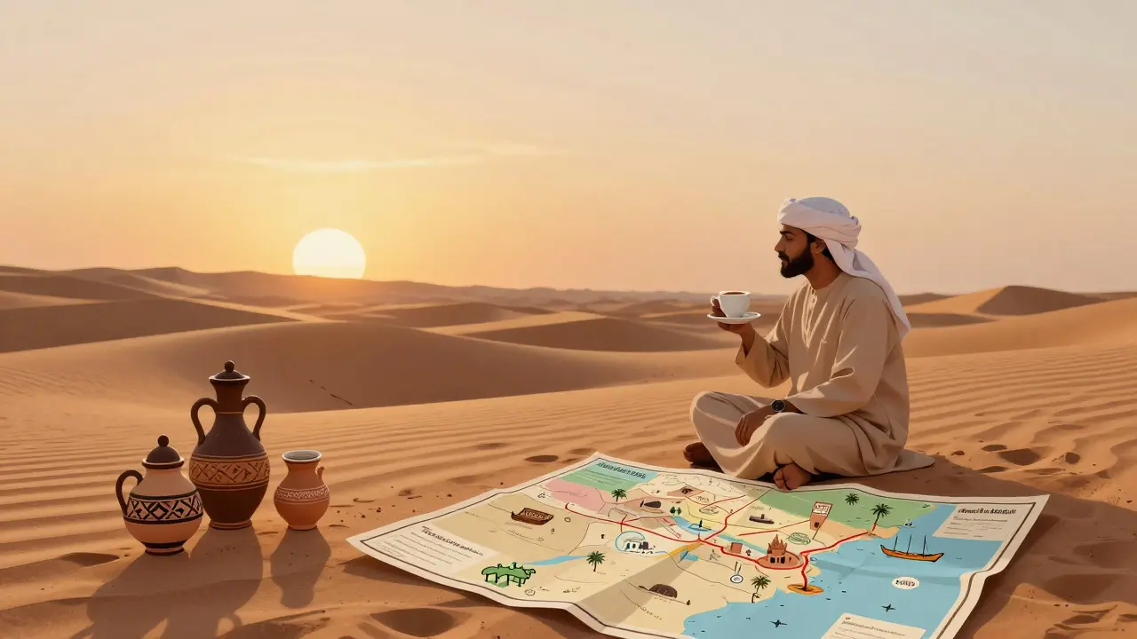 Traveler enjoying desert sunset with Arabic coffee, surrounded by cultural landmarks of Abu Dhabi.
