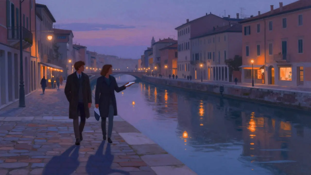 Two figures walk along Milan's Navigli canal at twilight, lanterns floating on water, city lights glowing softly in the background.
