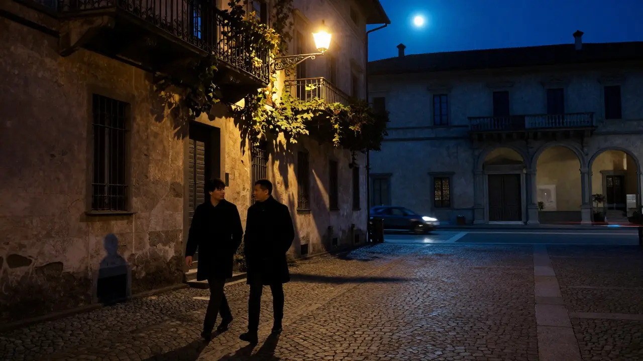 Two figures walking silently through a moonlit Milanese courtyard, shadows stretching on ancient stone.