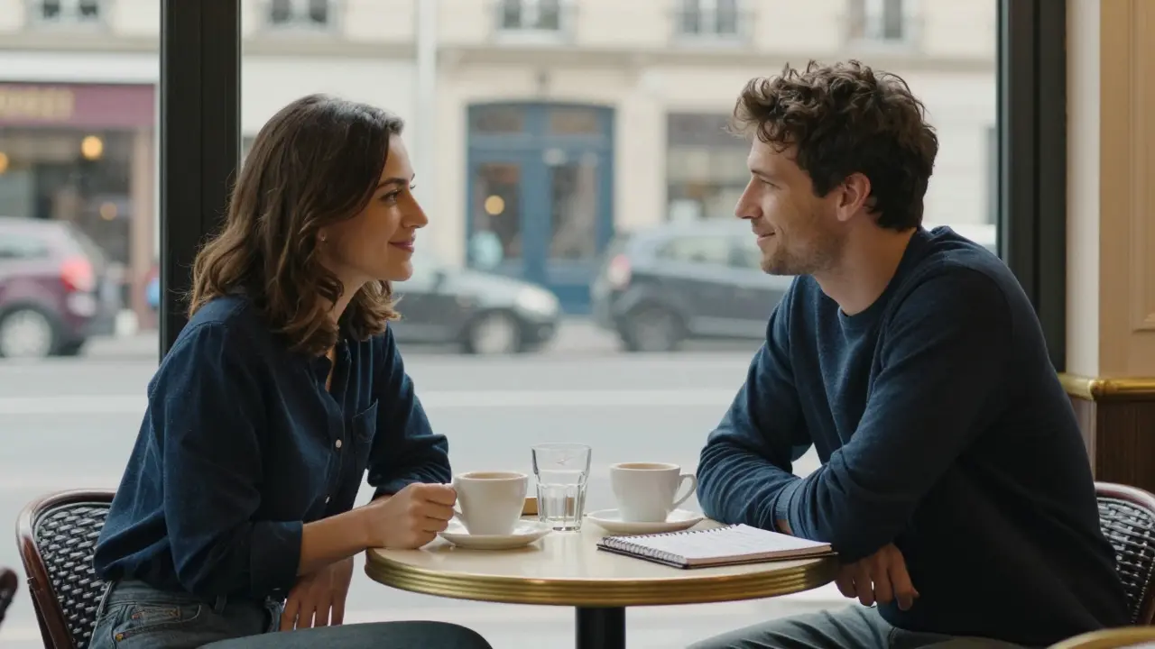 Two people meet in a calm café, exchanging respectful conversation with no physical contact.