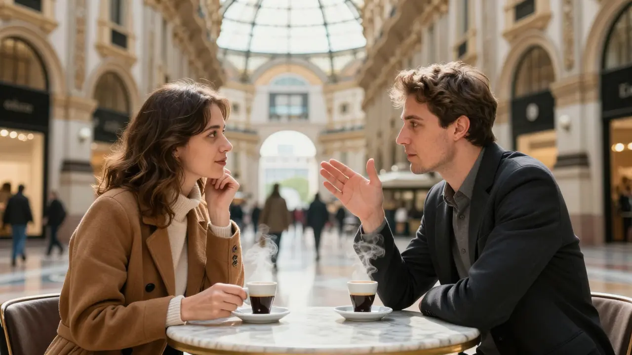 Two people share a coffee in Milan's Galleria Vittorio Emanuele, engaged in respectful conversation.