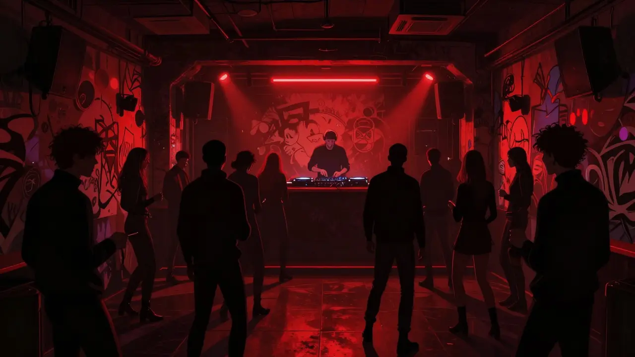 Underground club with dark walls and crimson lights, crowd dancing to electronic music in stylish black attire.
