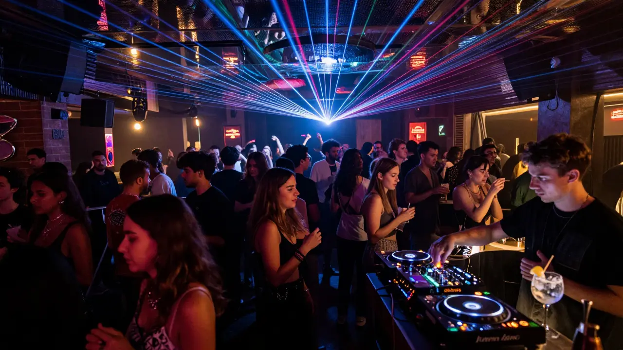Vibrant dance floor at Jimmy’z under mirrored ceiling with lasers and late-night patrons.