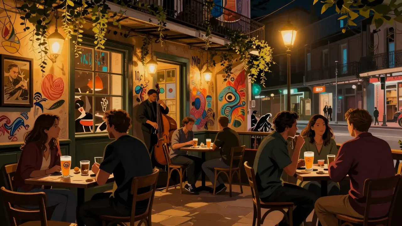 Vibrant eclectic bar with street art, live jazz, and patrons sharing tables over pints.
